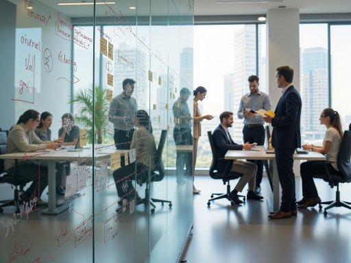 现代化办公环境，宽敞明亮的会议室，员工正在讨论项目方案，墙上挂着公司文化标语，营造专业务实的工作氛围